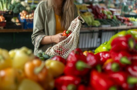 Frukt- och gröntavdelning med kampanjskyltning – hälsosamma val i fokus